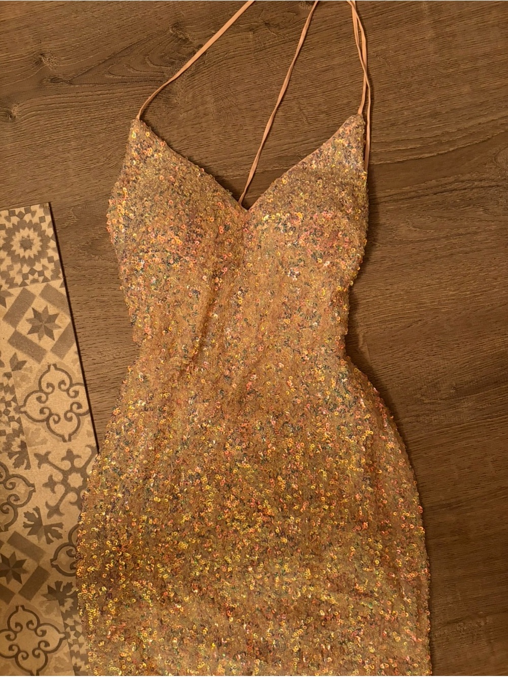 Alyce Paris Iridescent Peach Sequin Slip Dress